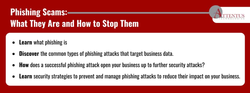 Key Takeaways: Learn what phishing is Discover the common types of phishing attacks that target business data. How does a successful phishing attack open your business up to further security attacks? Learn security strategies to prevent and manage phishing attacks to reduce their impact on your business. 