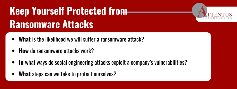 Key takeaways: What is the likelihood we will suffer a ransomware attack? How do ransomware attacks work? In what ways do social engineering attacks exploit a company’s vulnerabilities? What steps can we take to protect ourselves? 