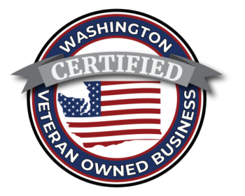 A circular logo with a red, white, and blue color scheme and text. It reads "Washington Veteran Owned Business" with a gray banner across the middle that says "Certified." Inside is an outline of Washington State filled with the American flag. This prominent element is easily integrated into any Elementor design.