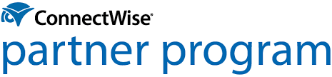 Logo featuring the ConnectWise branding with a blue icon resembling interlocked rings on the left and the name "ConnectWise" in black text to the right. Below, in large blue letters, is the phrase "partner program," highlighting IT services and cyber security expertise.