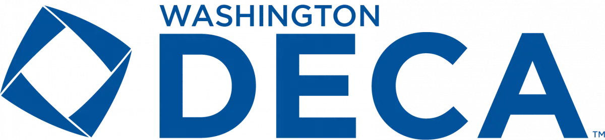 A logo featuring the text "Washington DECA" in blue capital letters. To the left of the text, there is a stylized, geometric design composed of four elongated blue triangles arranged to create an abstract diamond shape.