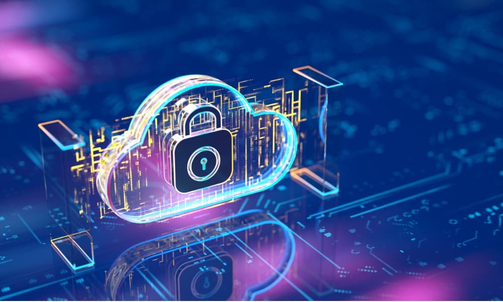 Digital illustration of a semi-transparent cloud with a lock icon, symbolizing cloud security and cybersecurity, against a background of a blue circuit board with subtle lighting effects. The image conveys the concept of protecting data stored in cloud computing environments.