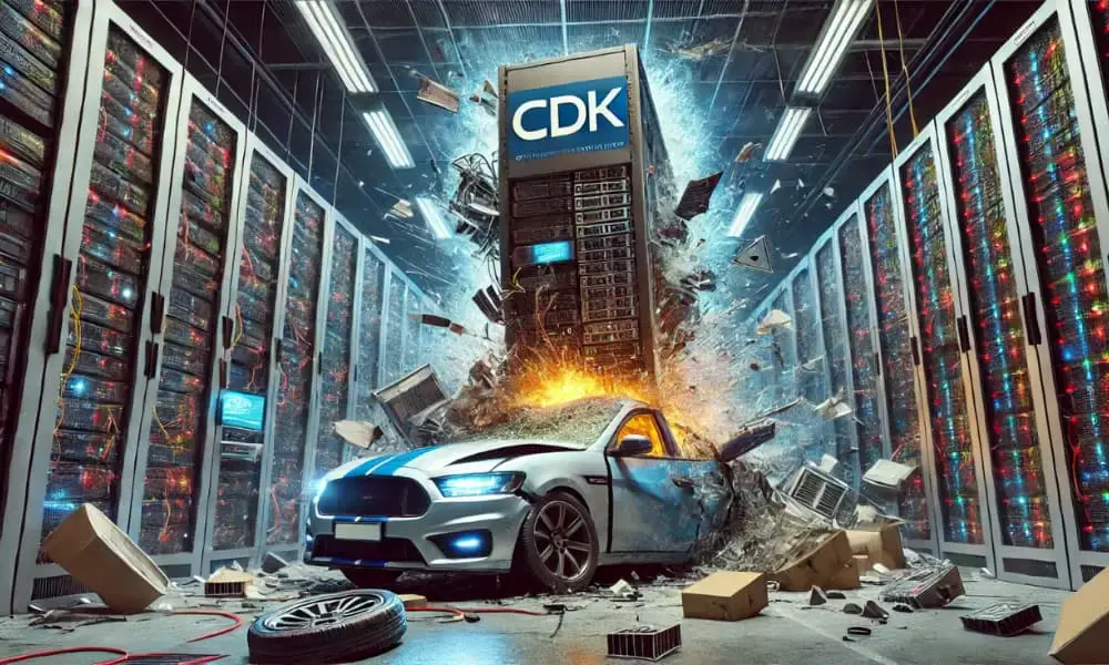 A car crashes into a server rack within a futuristic data center, causing an explosion and scattering boxes and debris. The CDK logo is prominently displayed on the server. The room, crucial for automotive industry cybersecurity, is filled with rows of servers and dramatic lighting.