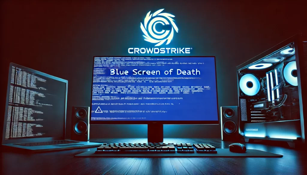 blue screen of death with the CrowdStrike logo in the background.