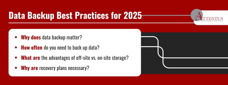 Data Backup Best Practices for 2025

Why does data backup matter?
How often do you need to back up data?
What are the advantages of off-site vs. on-site storage?
Why are recovery plans necessary?
