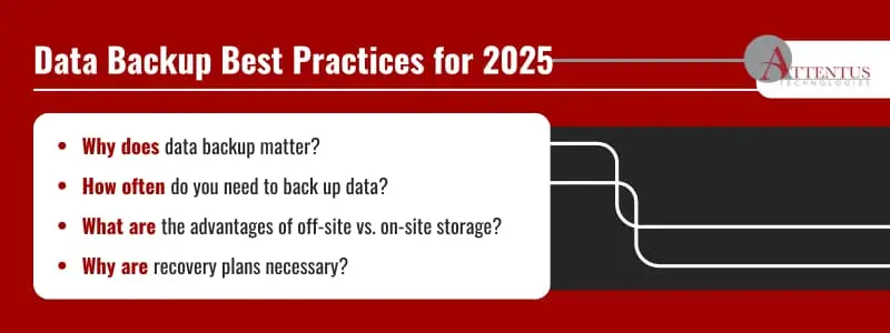 Data Backup Best Practices for 2025

Why does data backup matter?
How often do you need to back up data?
What are the advantages of off-site vs. on-site storage?
Why are recovery plans necessary?
