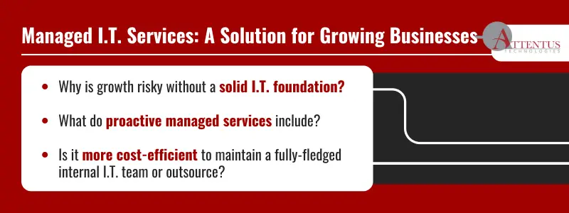 Still Counting on a Single I.T. Person? Here’s Why That’s Risky as You Grow  

Why is growth risky without a solid I.T. foundation?
What do proactive managed services include?
Is it more cost-efficient to maintain a fully-fledged internal I.T. team or outsource?
