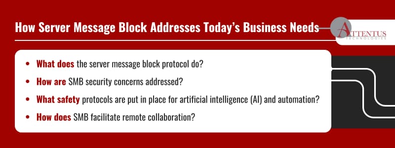 Why Your File Transfers Keep Failing – and How SMB Can Fix It What does the server message block protocol do? How are SMB security concerns addressed? What safety protocols are put in place for artificial intelligence (AI) and automation? How does SMB facilitate remote collaboration? 