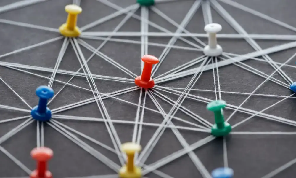 Pushpins represent network nodes joined by the server message block (SMB) protocol.