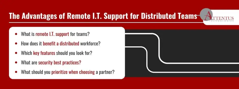 The Advantages of Remote I.T. Support for Distributed Teams

What is remote I.T. support for teams?
How does it benefit a distributed workforce?
Which key features should you look for?
What are security best practices?
What should you prioritize when choosing a partner?
