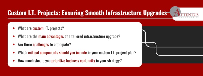 Custom I.T. Projects: Ensuring Smooth Infrastructure Upgrades What are custom I.T. projects? What are the main advantages of a tailored infrastructure upgrade? Are there challenges to anticipate? Which critical components should you include in your custom I.T. project plan? How much should you prioritize business continuity in your strategy? 