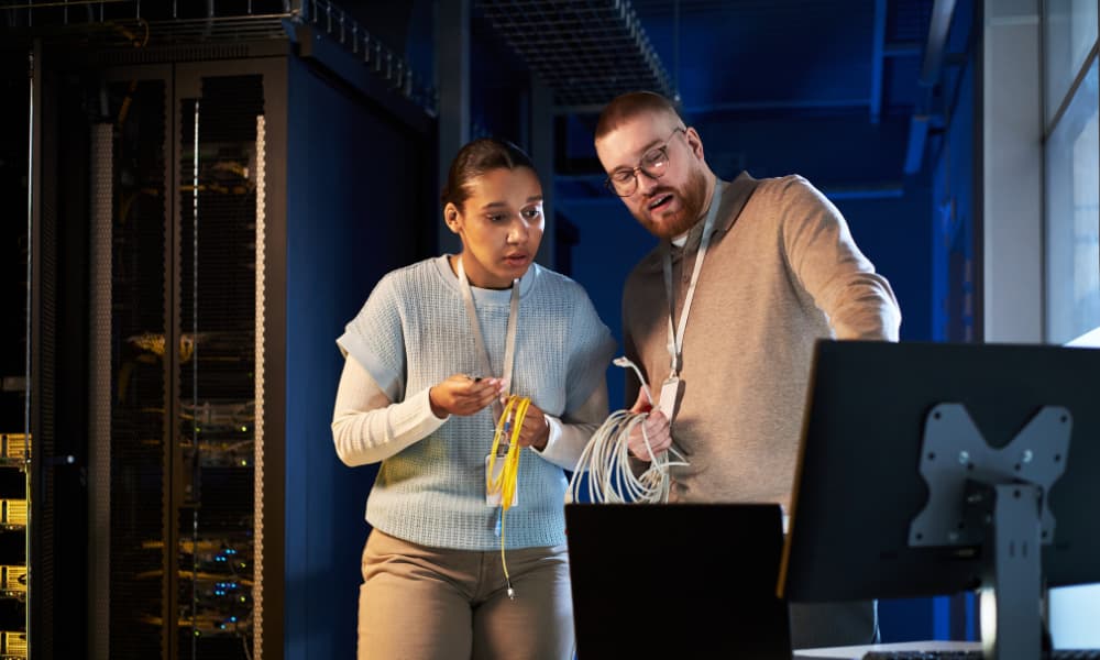Two I.T. professionals conducting a quarterly business continuity review to assess the effectiveness of their data recovery plan.