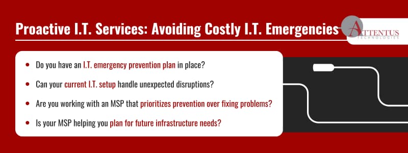 Proactive I.T. Services: Avoiding Costly I.T. Emergencies

Do you have an I.T. emergency prevention plan in place?
Can your current I.T. setup handle unexpected disruptions?
Are you working with an MSP that prioritizes prevention over fixing problems?
Is your MSP helping you plan for future infrastructure needs?
