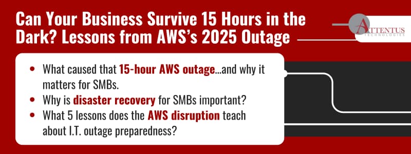 Can Your Business Survive 15 Hours in the Dark? Lessons from AWS’s 2025 OutageWhat caused the 15-hour AWS outage…and why it matters for SMBs.Why is disaster recovery for SMBs important?What 5 lessons does the AWS disruption teach about I.T. outage preparedness?