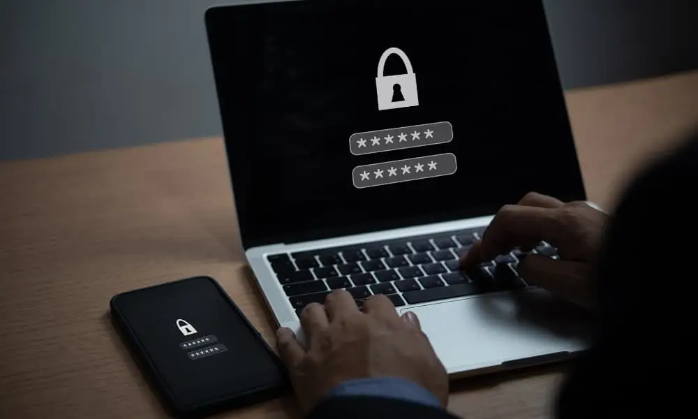 Credential management in practice: user entering username and password on laptop.