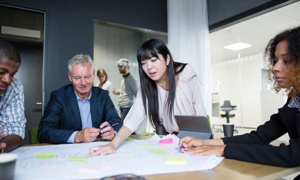 An I.T. professional consulting a team of business executives. 