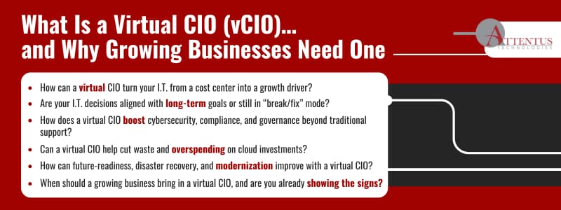 What Is a Virtual CIO (vCIO) and How It Drives Strategic I.T. Leadership for SMBs
Key takeaways
How can a virtual CIO turn your I.T. from a cost center into a growth driver?
Are your I.T. decisions aligned with long-term goals or still in “break/fix” mode?
How does a virtual CIO boost cybersecurity, compliance, and governance beyond traditional support?
Can a virtual CIO help cut waste and overspending on cloud investments?
How can future-readiness, disaster recovery, and modernization improve with a virtual CIO?
When should a growing business bring in a virtual CIO, and are you already showing the signs?