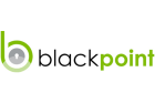 The image shows the logo of Blackpoint. It has the text "blackpoint" where "black" is written in black and "point" in green. The "b" is stylized with a green circular design that contains a grey padlock symbol inside.