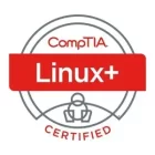 Logo for CompTIA Linux+ certification. The design features a red rectangular band with "Linux+" in white text in the center. "CompTIA" is written above in red, and below is a simplified icon of a person with the word "CERTIFIED" beneath it—ideal for professionals who manage IT services.