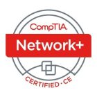 The image shows the CompTIA Network+ certification badge. The badge is circular with a red band across the middle displaying "Network+" in white text. Above it is the CompTIA logo, and below it is the word "CERTIFIED: CE" in red.