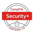 The image shows the CompTIA Security+ Certified CE badge. It has the CompTIA logo at the top with "Security+" prominently displayed in the center on a red background. At the bottom, there's a lock symbol, with "CERTIFIED CE" written below it in red.
