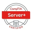 The image shows the CompTIA Server+ certification badge. It features a circular design with "CompTIA" written at the top in red. Below it, a red banner with the text "Server+" is displayed, and at the bottom, the word "CERTIFIED" is shown with an icon of server racks.