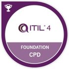 An ITIL 4 Foundation CPD badge is displayed. The badge has a purple and white color scheme with a trophy icon in the top left corner. The text "ITIL 4" and "FOUNDATION CPD" is prominently featured in the center.