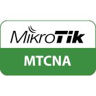 The image is a logo for MikroTik MTCNA. The logo features the word "MikroTik" in black with stylized text and an antenna icon above the "k". Below, in a green section, it reads "MTCNA" in white, indicating MikroTik Certified Network Associate certification.