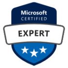 A badge displaying "Microsoft Certified Expert" with three white stars at the bottom. The badge has a dark blue top section with the text, a white middle section with "EXPAT" in bold, and a light blue bottom section with the stars.