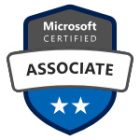 A badge with a blue and grey shield design featuring the text "Microsoft Certified" at the top, "Associate" in the center on a white banner, and two white stars on a blue background at the bottom.