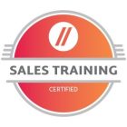 A circular badge with red and orange gradient background. The top part has a white circle with two red slashes. The middle part reads "SALES TRAINING" in bold, and a lower section reads "CERTIFIED" inside a red rectangle. Silver details accentuate the design.