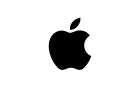 Black Apple logo with a silhouette of an apple missing a bite on the right side and a single leaf pointing to the right on a white background.