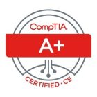 The image shows the CompTIA A+ certification badge. It features a red banner with "A+" in white text, under the CompTIA logo. Below, "CERTIFIED CE" is written. The design includes circuit lines representing technology and certification.