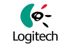 The image shows the Logitech logo, which consists of a stylized abstract design featuring a green crescent shape and black and red elements, resembling a modernized eye or head of a character. Below the design, the brand name "Logitech" is written in black, bold letters.