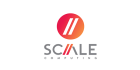 Scale Computing's logo features a red-orange gradient circle with two parallel white lines, resembling an equals sign, inside it. Beneath the circle, "Scale" is written in bold capital letters, with the "A" replaced by the same lines from the circle. "COMPUTING" is written below in smaller, gray capital letters.